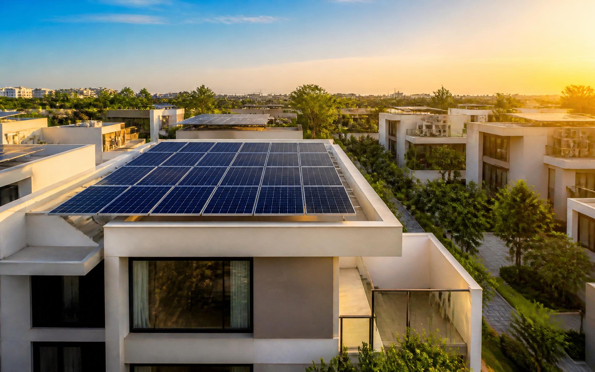Modern Indian home with rooftop solar panels at golden hour