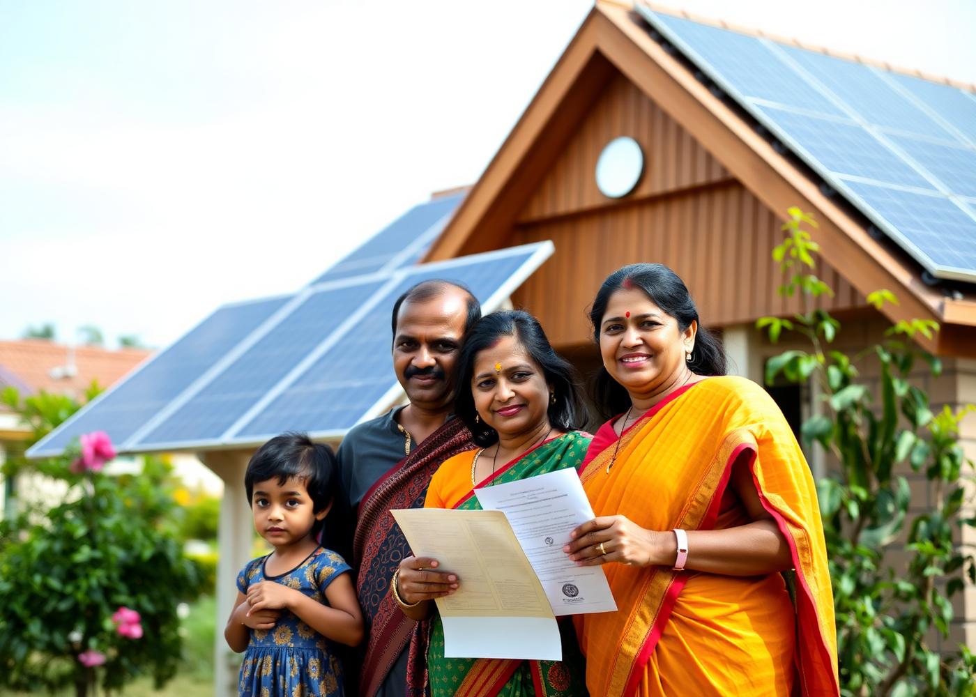 Indian family in front of home with solar and subsidy paperwork